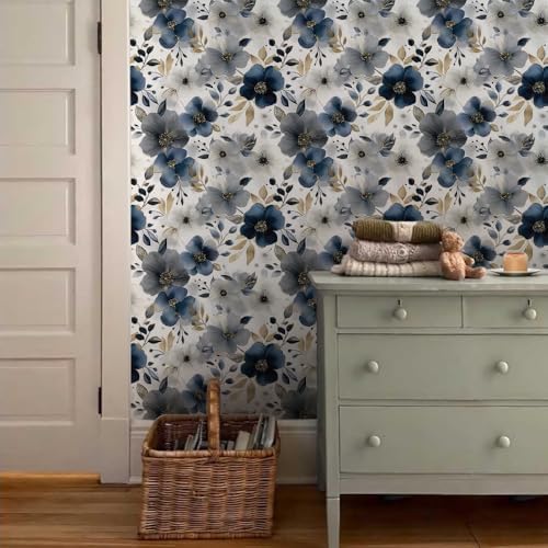 Ink Navy Grey Modern Peony Floral Peel and Stick Wallpaper Wall Decor Self - Image 3