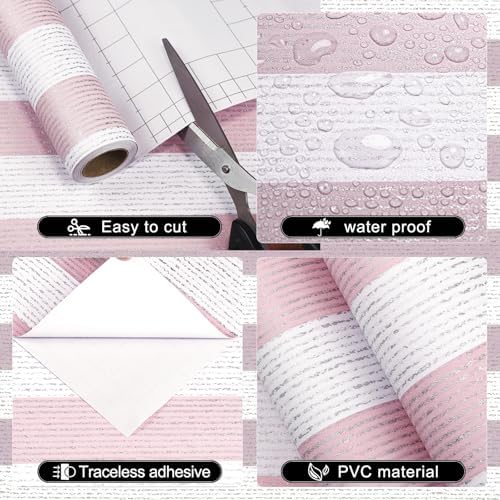 Striped Pink and White Wallpaper Peel and Stick Boho Silver Stripe Textured - Image 2