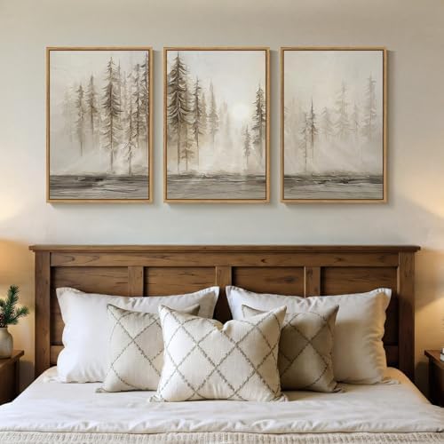 Framed Neutral Abstract Pine Tree Landscape Wall Art Bedroom, 16x24 Inch by Cuspin