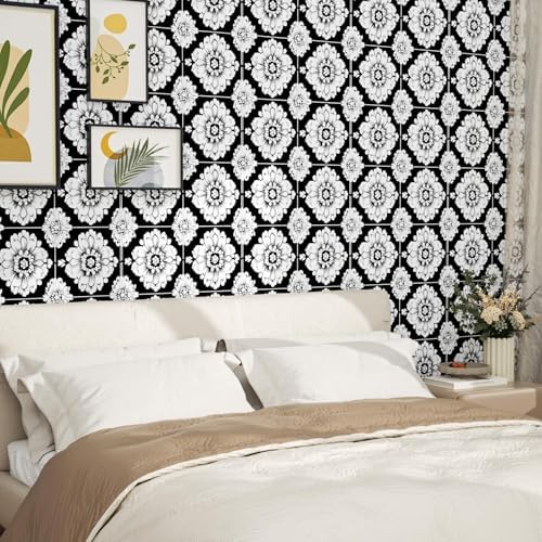 BOKEBEVE Boho Floral Peel and Stick Wallpaper Black White 17.5 x 393.5In - Image 3