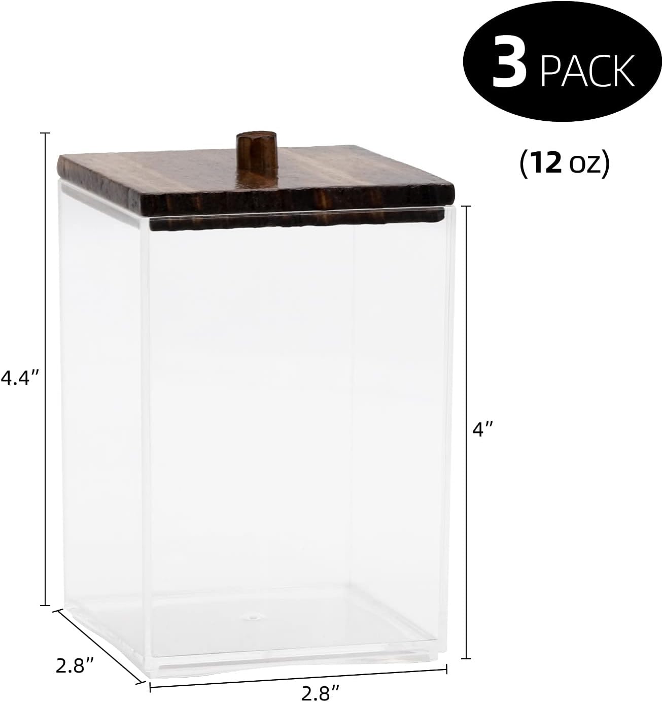 Tbestmax 3 Pack Qtip Holder - 12 oz Bathroom Organizer and Storage Containers, Plastic Square Apothecary Jars with Black Bamboo Lids for Cotton Ball, Cotton Swab, Floss