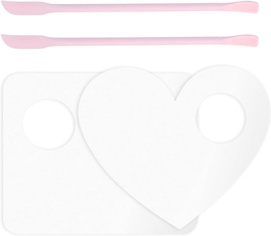 Makeup Mixing Palette Spatula Set, 2PCS Mini Acrylic Makeup Palette & 2PCS Silicone Skincare Spatula, Cream Foundation Palette for Mixing and Save Cosmetics (Pink,Square+Heart)