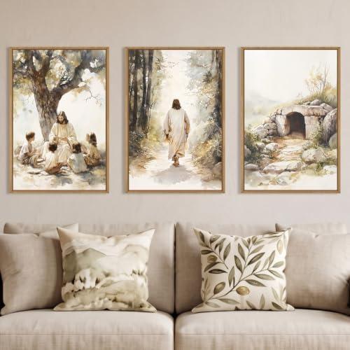 Large Jesus Teaching Children on Path Framed Canvas Wall Art, Empty Tomb by Celestdeco