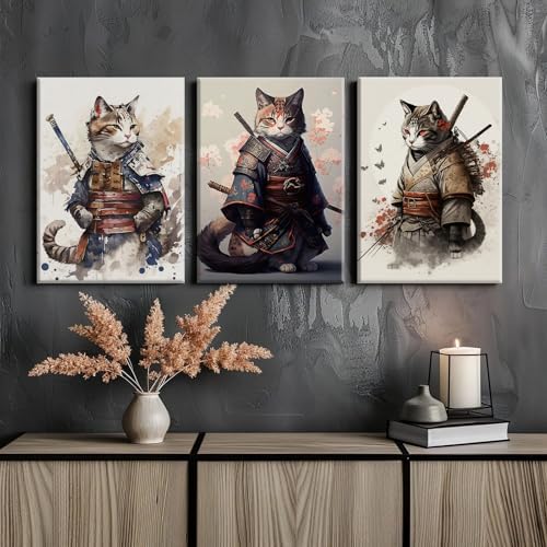 Japanese Cat Wall Art Poster Samurai Cat Canvas Wall Decor Japanese Anime - Image 3