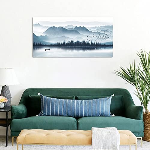arteWOODS Indigo Canvas Wall Art Misty Mountain Wall Pictures Foggy Lake Boat - Image 5