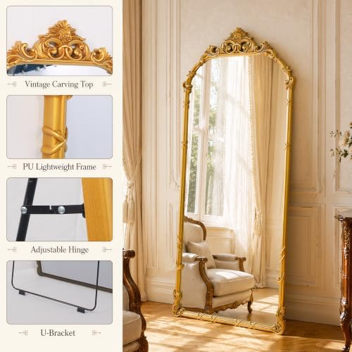 69"x28" Antique Gold Arched Vintage Floor Mirror - Image 4