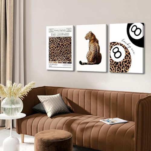 Set of 3 Trendy Leopard Canvas Wall Art Funky Lucky 8 Ball Posters Prints - Image 2