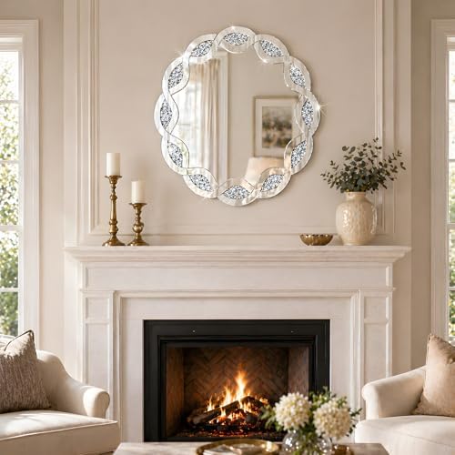 Elegant Round Wall Mirror Crushed Diamond Frame, Sparkling Crystal Luxury Mirror - Image 3