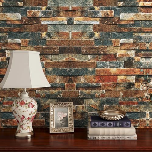 FunStick 15.8x472 Brown Red Blue 3D Brick Wallpaper Peel and Stick Textured by FunStick