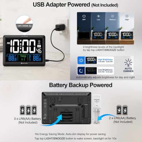Digital Wall Alarm Clock with Large Display, Indoor/Outdoor Temp - Image 4