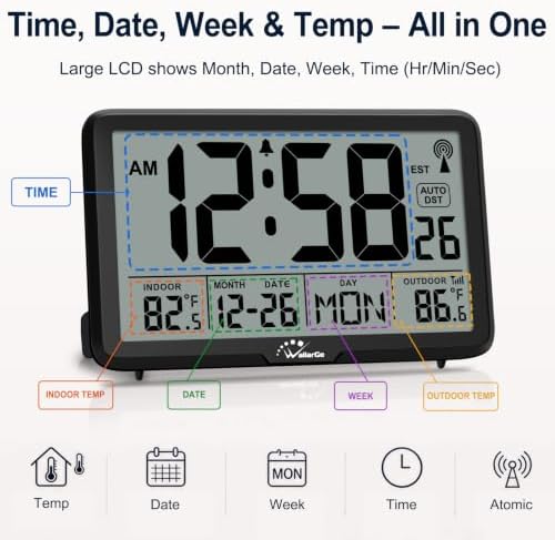 WallarGe Atomic Clock with Backlit, Indoor Outdoor Temp, Battery Operated - Image 6
