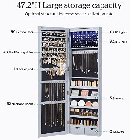 SONGMICS 6 LEDs Mirror Jewelry Cabinet, 47.2-Inch Tall - Image 5
