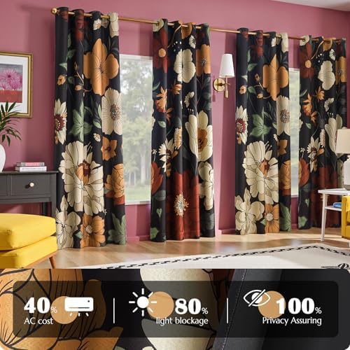 jinchan Black Boho Floral Blackout Curtains 84 Inch Grommet 4 Panels - Image 2