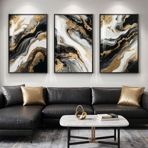 Large Framed Black Gold White Abstract Wall Art by Cuspin