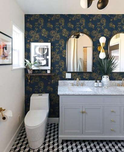 Safiyya 118"x17.3" Peel and Stick Wallpaper Gold and Blue Contact Paper Floral - Image 4
