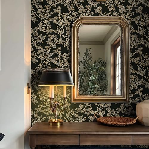 Ismoon Dark Floral Peel Stick Wallpaper Black Gold Wallpaper 17.3x196in - Image 2