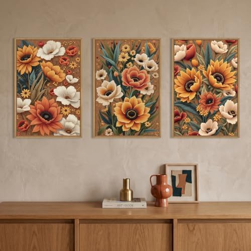 Large Boho Flower Botanical Framed Canvas Wall Art, Abstract Floral Wall Decor - Image 3