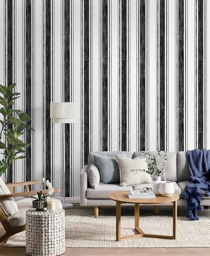 Safiyya Black and White Wallpaper Peel and Stick Hand-Painted Striped Contact - Image 2