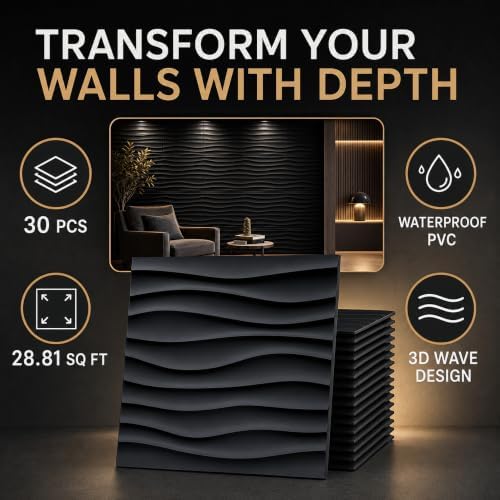 Chunful 30 Pcs 28.81 Sq ft 3D Wall Panels PVC Wave Design, 11.8" x 11.8" Wall - Image 4