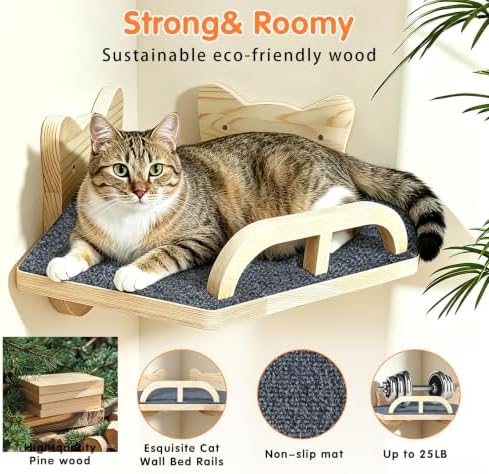 with 3 Climbing Steps Natural Wood Corner Cat Wall Shelves - Image 4