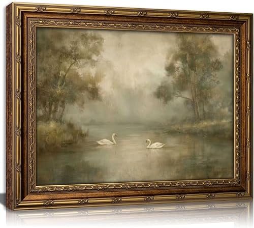 Vintage Gold Framed Swan Lake Wall art, Romantic Landscape Oil Painting Canvas by JPDSIIPXZwallart
