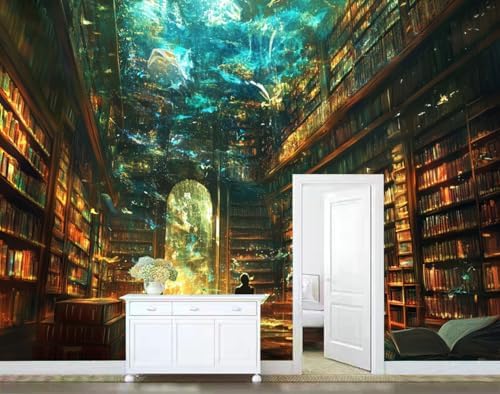 Teal Brown 3D Wall Mural Wallpaper Fantasy Library Books Person Sci Fi Style - Image 4