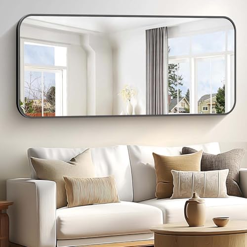 Bathroom Mirror, 60 x 30 inch Black Rectangle Wall Mirror, Metal Frame Rounded - Image 3