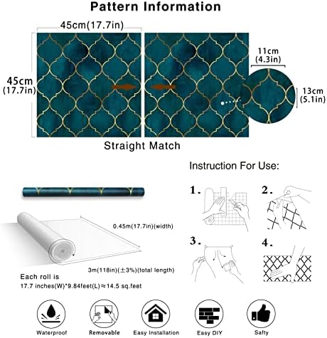 HAOKHOME Geometric Peel and Stick Wallpaper Modern Art Deco Teal Blue Gold - Image 5