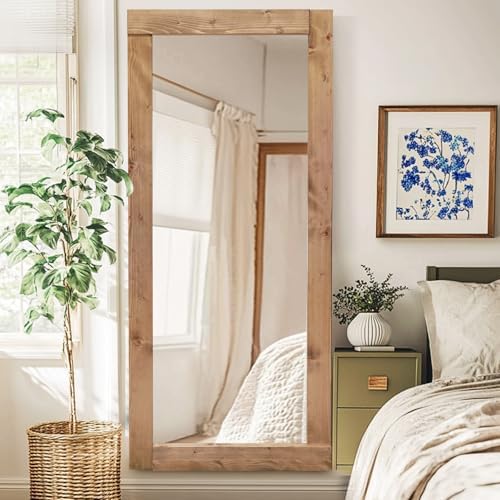 71x32in Full Length Mirror, Solid Wood Convex Frame, Light Brown - Image 6