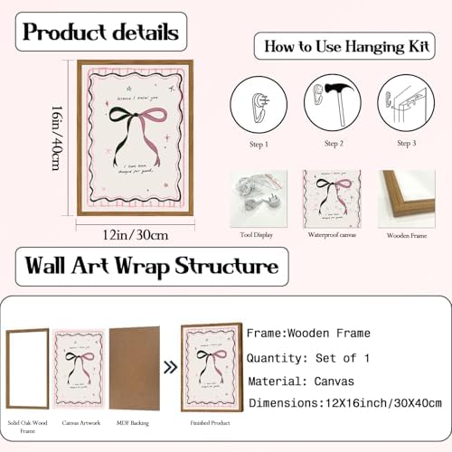 Framed Pink Bow Wall Art, Coquette Preppy Canvas Wall Decor Pictures, Trendy - Image 6