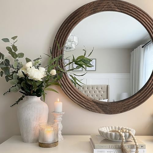LOSOUR Round Mirror, Farmhouse Decor Solid Wood Frame Wall Circle Mirror - Image 4