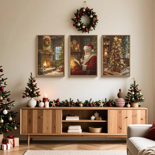 Large Vintage Christmas Framed Canvas Wall Art Set, Santa Reading Book Wall - Image 4