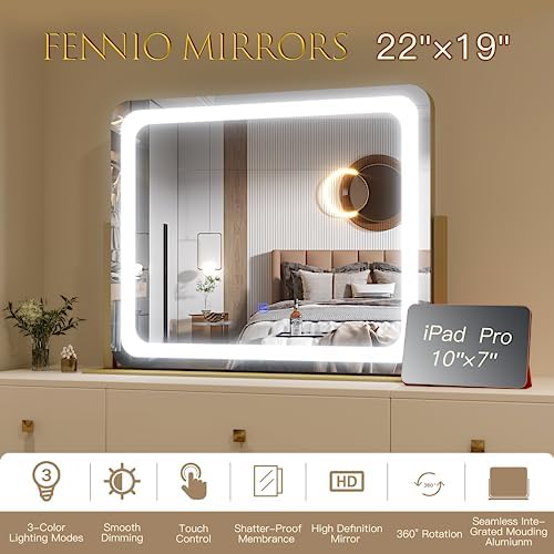 FENNIO Gold Vanity Mirror with Lights 22"x17", LED Lighted Makeup Mirror - Image 5