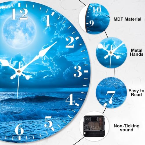 12" Silent Wall Clock, Round Wall Clock, Moon Ocean Waves - Image 3