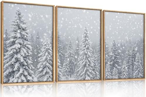 Snowy Christmas Tree Natural Woodland Framed Canvas Wall Art Set- 16"x24"x3 - Image 5