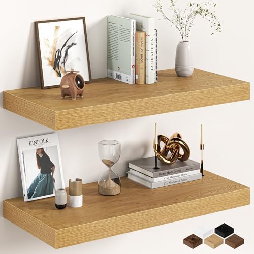 30Inch Oak Floating Shelves for Wall, 12 Inch Deep Shelves for Bedroom by FunMemories