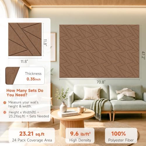 Acoustic Panels with Self Adhesive, 11.8”x11.8”, 24 Pack, Dark Brown - Image 2