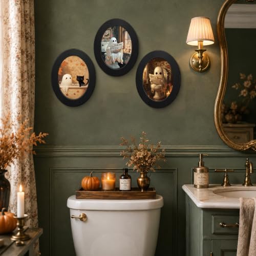 3Pcs Funny Ghost Halloween Bathroom Oval Wall Art Framed Spooky Decor - Image 5