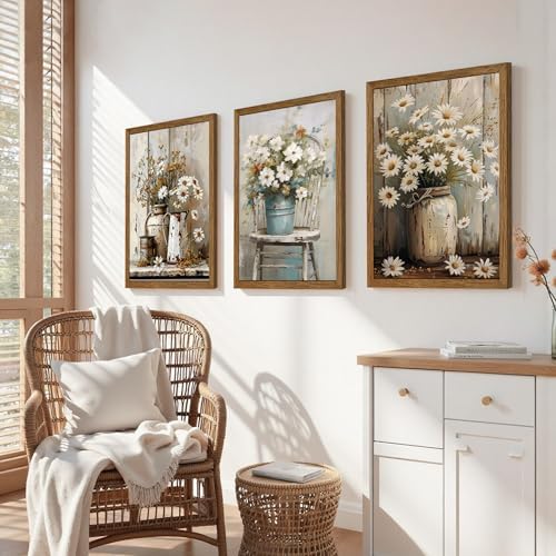 DUWQU Triptych Rustic Farmhouse Daisy Framed Canvas Wall Art 12x16 inch x3 - Image 2