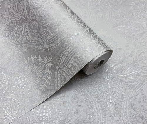 Blooming Wall Grey Damasks Flocking Embossed Textured Wallpaper Roll - Image 2