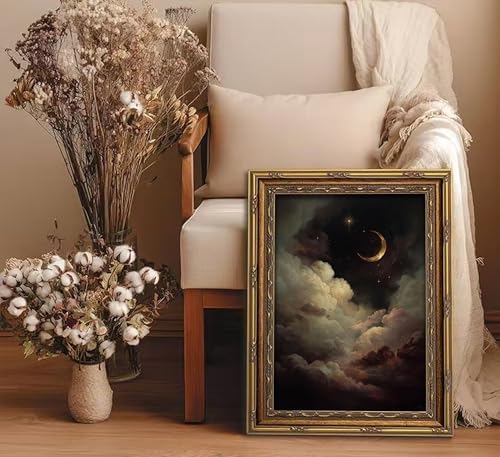 Vintage Gold Framed Celestial Wall Art, Moody Moon and Stars Gothic Painting - Image 7