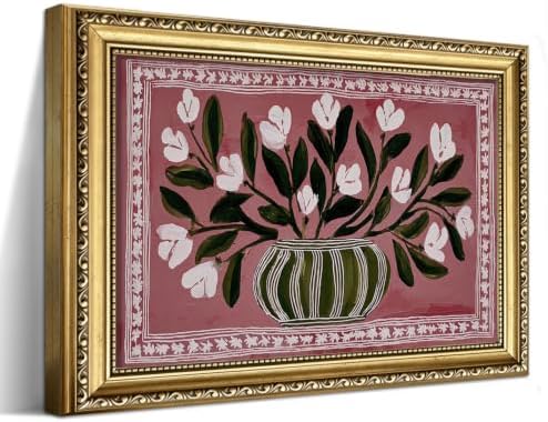 Gold Framed Vintage Floral Wall Art, Retro Vase White Flower Print by Unknown