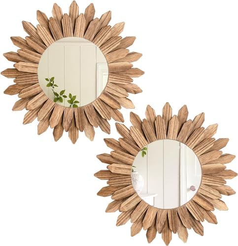 LOSOUR 2 Pack Boho Wall Decor Sunburst Mirror 12 inch Rustic Round Wood Mirror by LOSOUR