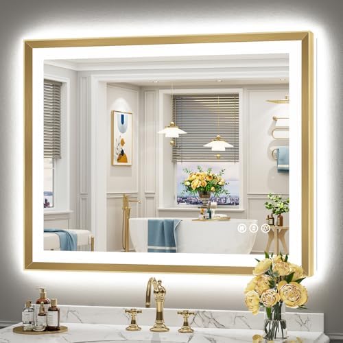 40x32 Gold Beveled LED Lighted Bathroom Mirror, Backlit & Front Lit by Awandee