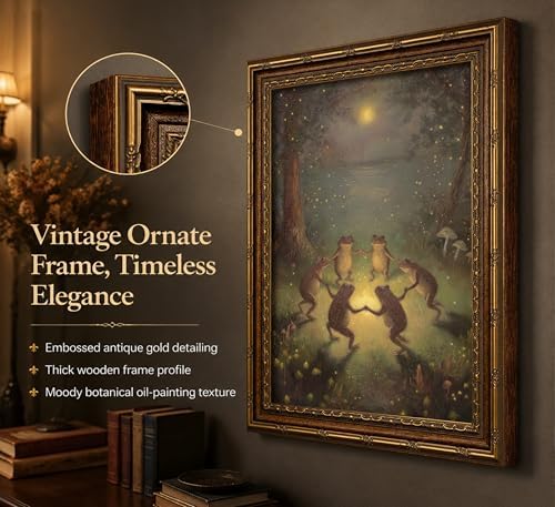 Vintage Gold Framed Frog Wall Art, Frogs Dancing in Moonlight Forest Painting - Image 3