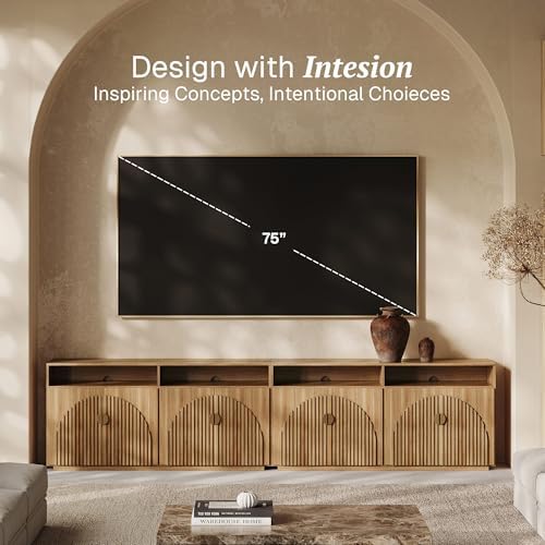 BELLEZE Stacked Set of 2 65" TV Stand & Entertainment Centers, Caramel Brown - Image 3