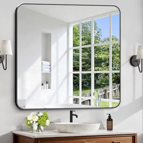 Black Bathroom Mirror, 38x40 inch Aluminum Metal Frame Rectangular Vanity Mirror by WelcometoCIVENO