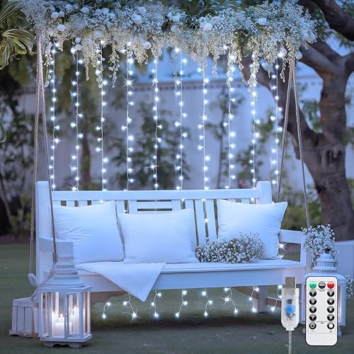 JMEXSUSS 200 LED White Curtain Lights, USB Powered, 6.5ft x 6.5ft by JMEXSUSS