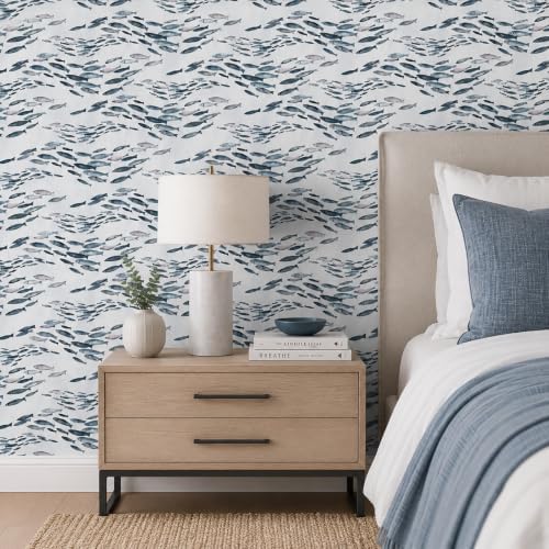 GreenTik Peel and Stick Wallpaper, Watercolor Fish Pattern Aqua Grey Removable - Image 2