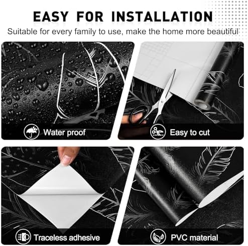 Black Peel and Stick Wallpaper 17.7"x480" Feather Wallpaper Removable Modern - Image 2